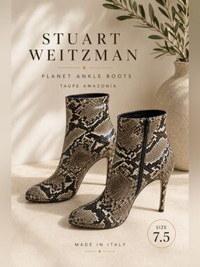 Stuart Weitzman Planet Snakeskin Print Ankle Boots Taupe Amazonia Size 7.5